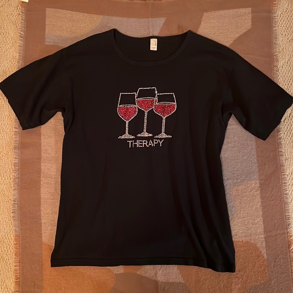 100% cotton funny (but true?!) bejeweled Wine Therapy  Tee, L